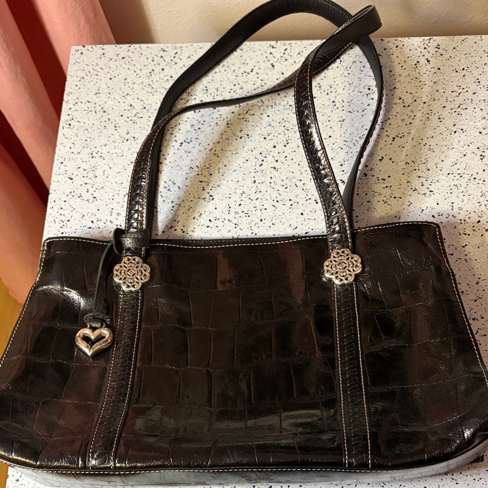 Brighton Sienna black satchel purse embossed patent leather silver hardware